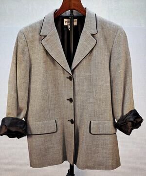 Pendleton Tweed Blazer Jacket Womens Size 12 Gray Wool Silk Blend Piping Vintage